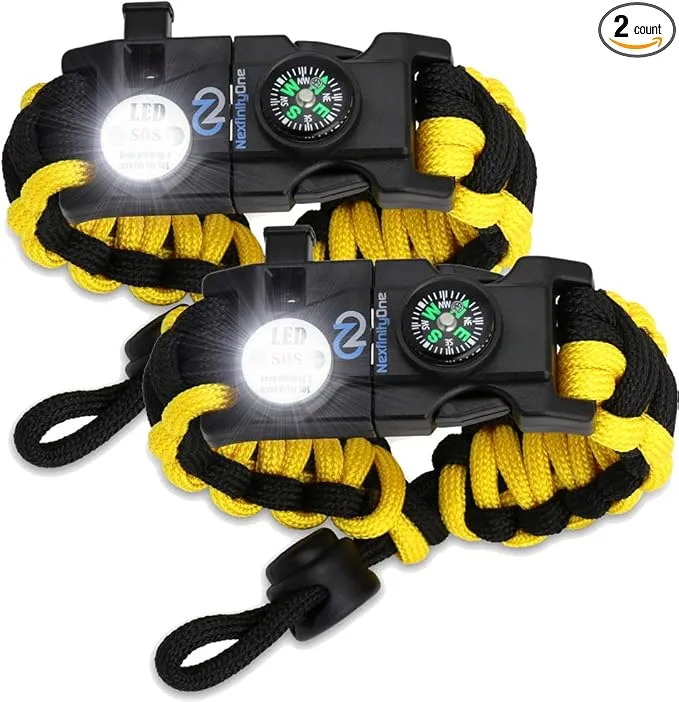 Survival Paracord Bracelet - Tactical Emergency Gear Kit with SOS LED Light, 550 Grade, Adjustable, Multitools, Fire Starter, Compass, and Whistle - Set of 2