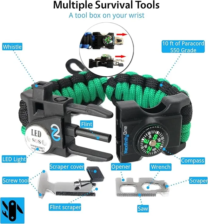 Survival Paracord Bracelet - Tactical Emergency Gear Kit with SOS LED Light, 550 Grade, Adjustable, Multitools, Fire Starter, Compass, and Whistle - Set of 2