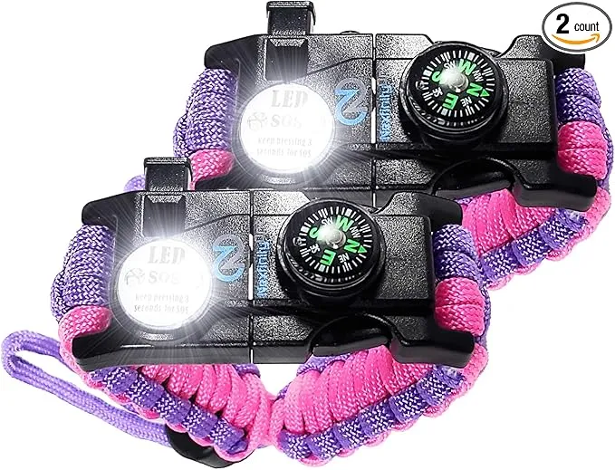 Survival Paracord Bracelet - Tactical Emergency Gear Kit with SOS LED Light, 550 Grade, Adjustable, Multitools, Fire Starter, Compass, and Whistle - Set of 2