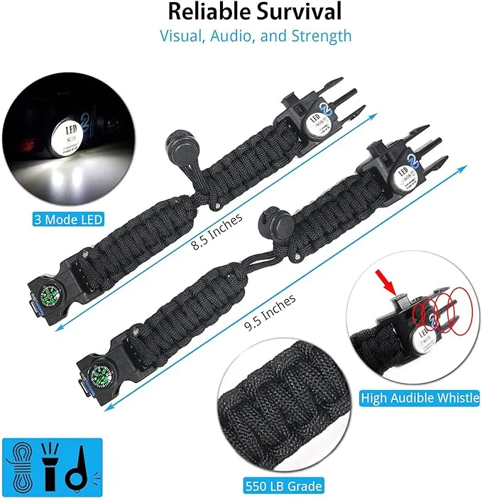 Survival Paracord Bracelet - Tactical Emergency Gear Kit with SOS LED Light, 550 Grade, Adjustable, Multitools, Fire Starter, Compass, and Whistle - Set of 2