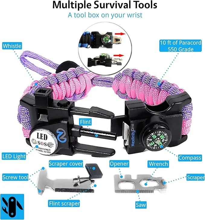 Survival Paracord Bracelet - Tactical Emergency Gear Kit with SOS LED Light, 550 Grade, Adjustable, Multitools, Fire Starter, Compass, and Whistle - Set of 2
