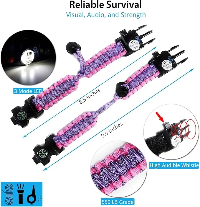 Survival Paracord Bracelet - Tactical Emergency Gear Kit with SOS LED Light, 550 Grade, Adjustable, Multitools, Fire Starter, Compass, and Whistle - Set of 2