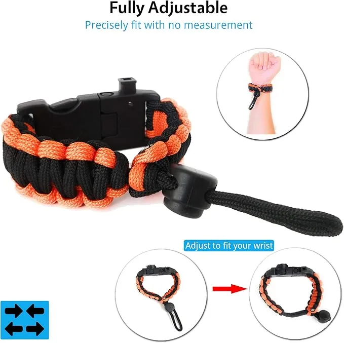 Survival Paracord Bracelet - Tactical Emergency Gear Kit with SOS LED Light, 550 Grade, Adjustable, Multitools, Fire Starter, Compass, and Whistle - Set of 2