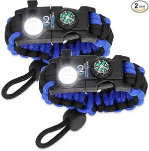 Survival Paracord Bracelet - Tactical Emergency Gear Kit with SOS LED Light, 550 Grade, Adjustable, Multitools, Fire Starter, Compass, and Whistle - Set of 2