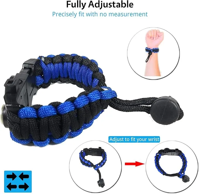 Survival Paracord Bracelet - Tactical Emergency Gear Kit with SOS LED Light, 550 Grade, Adjustable, Multitools, Fire Starter, Compass, and Whistle - Set of 2