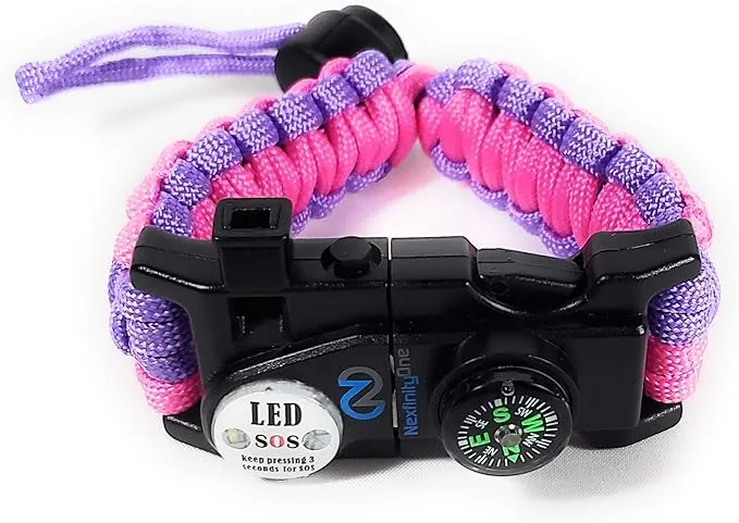 Survival Paracord Bracelet - Tactical Emergency Gear Kit with SOS LED Light, 550 Grade, Adjustable, Multitools, Fire Starter, Compass, and Whistle - Set of 2