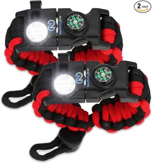 Survival Paracord Bracelet - Tactical Emergency Gear Kit with SOS LED Light, 550 Grade, Adjustable, Multitools, Fire Starter, Compass, and Whistle - Set of 2