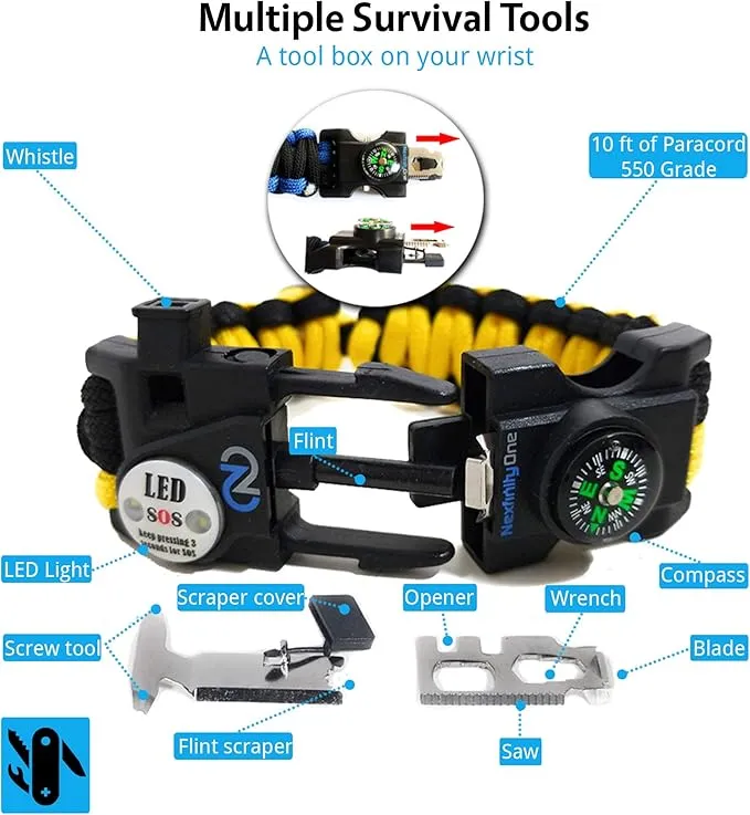 Survival Paracord Bracelet - Tactical Emergency Gear Kit with SOS LED Light, 550 Grade, Adjustable, Multitools, Fire Starter, Compass, and Whistle - Set of 2