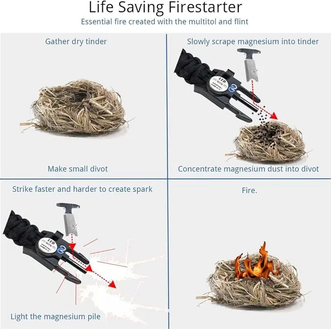 Survival Paracord Bracelet - Tactical Emergency Gear Kit with SOS LED Light, 550 Grade, Adjustable, Multitools, Fire Starter, Compass, and Whistle - Set of 2