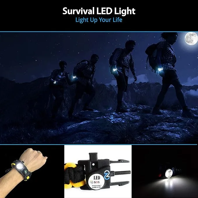 Survival Paracord Bracelet - Tactical Emergency Gear Kit with SOS LED Light, 550 Grade, Adjustable, Multitools, Fire Starter, Compass, and Whistle - Set of 2