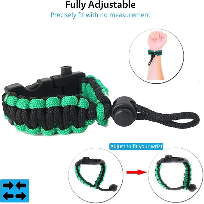 Survival Paracord Bracelet - Tactical Emergency Gear Kit with SOS LED Light, 550 Grade, Adjustable, Multitools, Fire Starter, Compass, and Whistle - Set of 2
