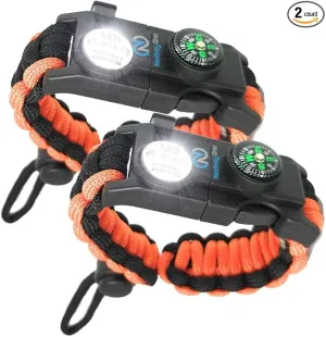 Survival Paracord Bracelet - Tactical Emergency Gear Kit with SOS LED Light, 550 Grade, Adjustable, Multitools, Fire Starter, Compass, and Whistle - Set of 2