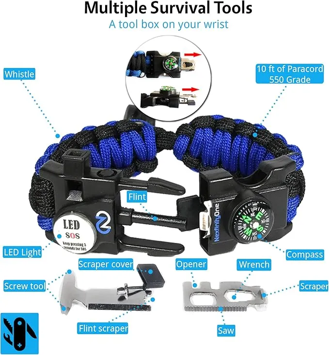 Survival Paracord Bracelet - Tactical Emergency Gear Kit with SOS LED Light, 550 Grade, Adjustable, Multitools, Fire Starter, Compass, and Whistle - Set of 2