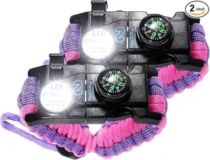Survival Paracord Bracelet - Tactical Emergency Gear Kit with SOS LED Light, 550 Grade, Adjustable, Multitools, Fire Starter, Compass, and Whistle - Set of 2