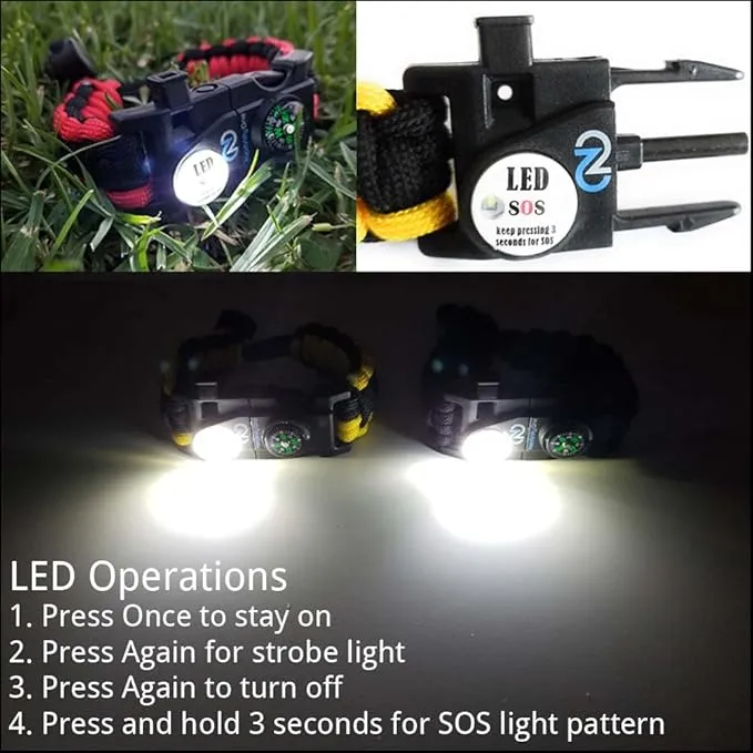 Survival Paracord Bracelet - Tactical Emergency Gear Kit with SOS LED Light, 550 Grade, Adjustable, Multitools, Fire Starter, Compass, and Whistle - Set of 2