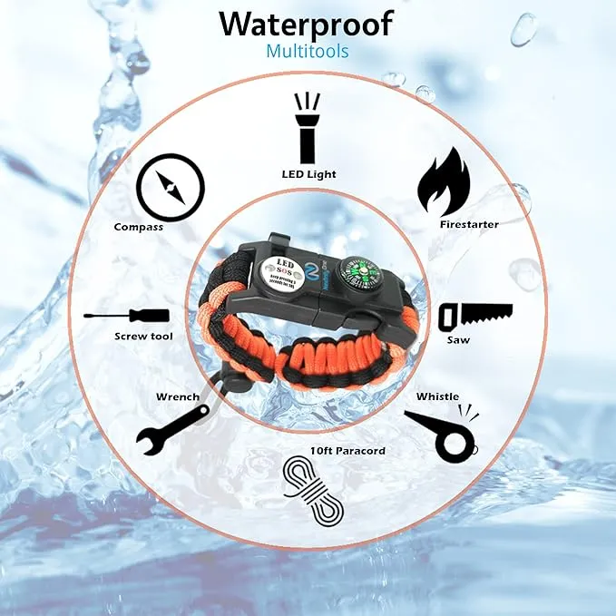 Survival Paracord Bracelet - Tactical Emergency Gear Kit with SOS LED Light, 550 Grade, Adjustable, Multitools, Fire Starter, Compass, and Whistle - Set of 2