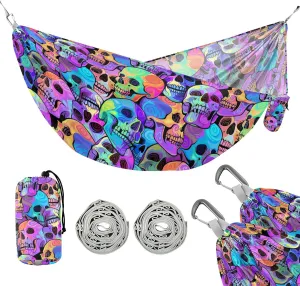 susiyo Portable Camping Hammock Bright Rainbow Skull Printed Lightweight Hammock Comfortable Travel Swing with Tree Straps for Camping Hiking Backpacking Travel or Beach - Up to 330lbs