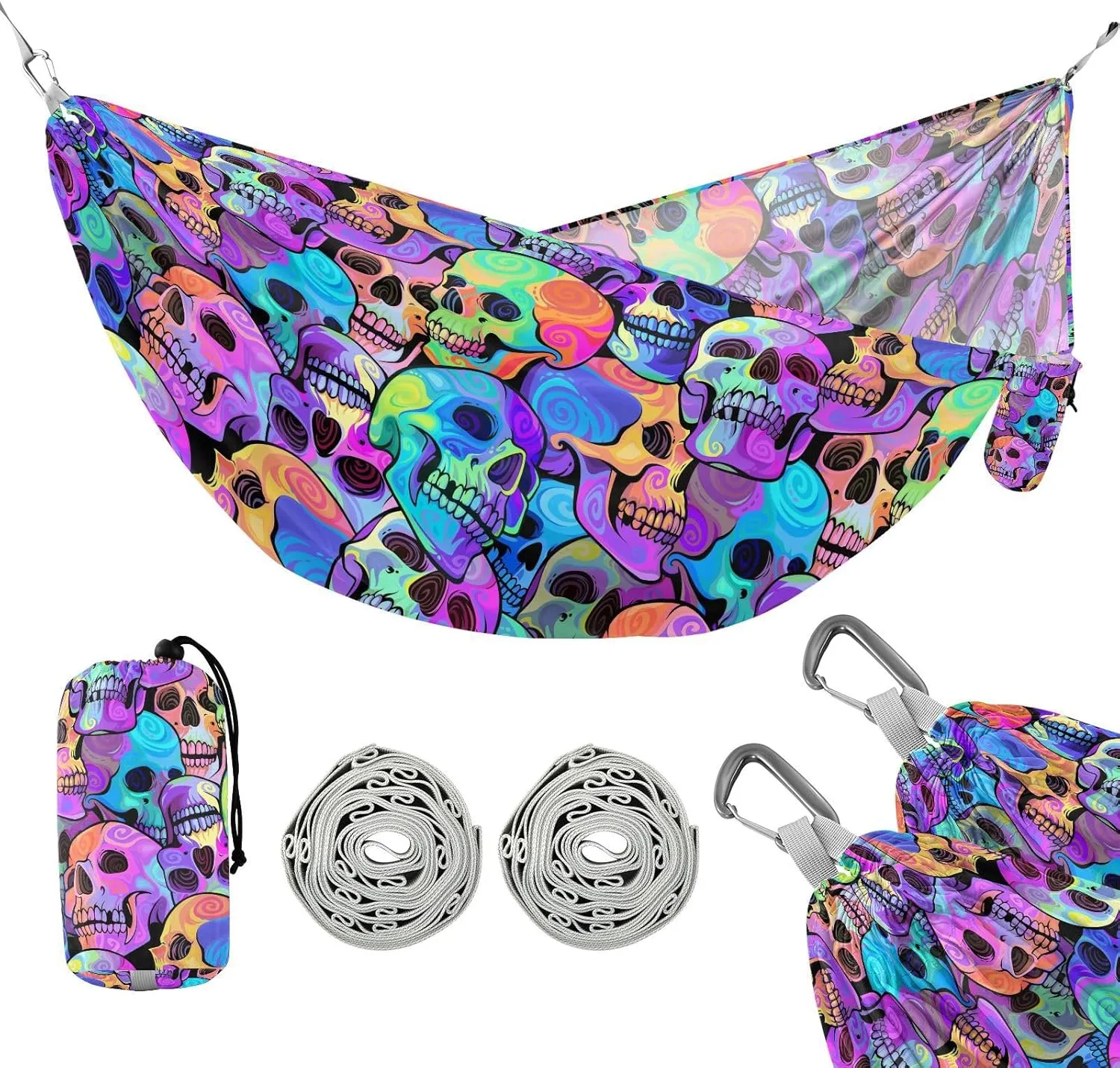 susiyo Portable Camping Hammock Bright Rainbow Skull Printed Lightweight Hammock Comfortable Travel Swing with Tree Straps for Camping Hiking Backpacking Travel or Beach - Up to 330lbs