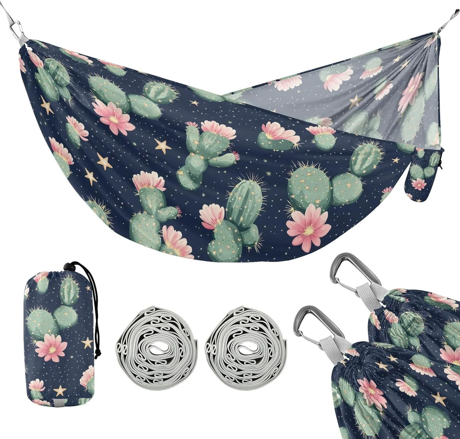susiyo Portable Camping Hammock Cactus Flowers Printed Lightweight Hammock Comfortable Travel Swing with Tree Straps for Camping Hiking Backpacking Travel or Beach - Up to 330lbs