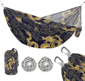 susiyo Portable Camping Hammock Chinese Traditional Golden Dragon Printed Lightweight Hammock Comfortable Travel Swing with Tree Straps for Camping Hiking Backpacking Travel or Beach - Up to 330lbs