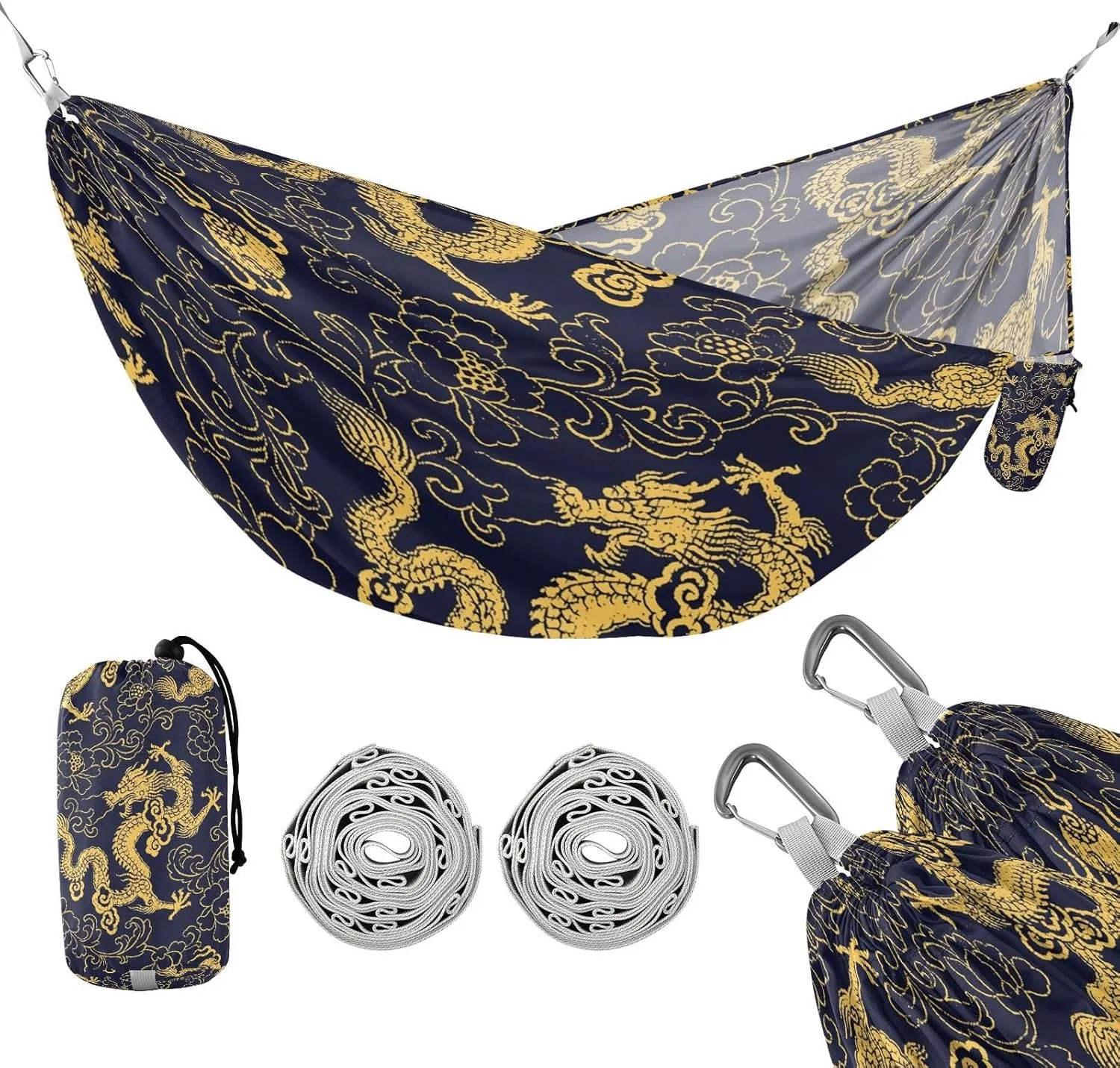 susiyo Portable Camping Hammock Chinese Traditional Golden Dragon Printed Lightweight Hammock Comfortable Travel Swing with Tree Straps for Camping Hiking Backpacking Travel or Beach - Up to 330lbs