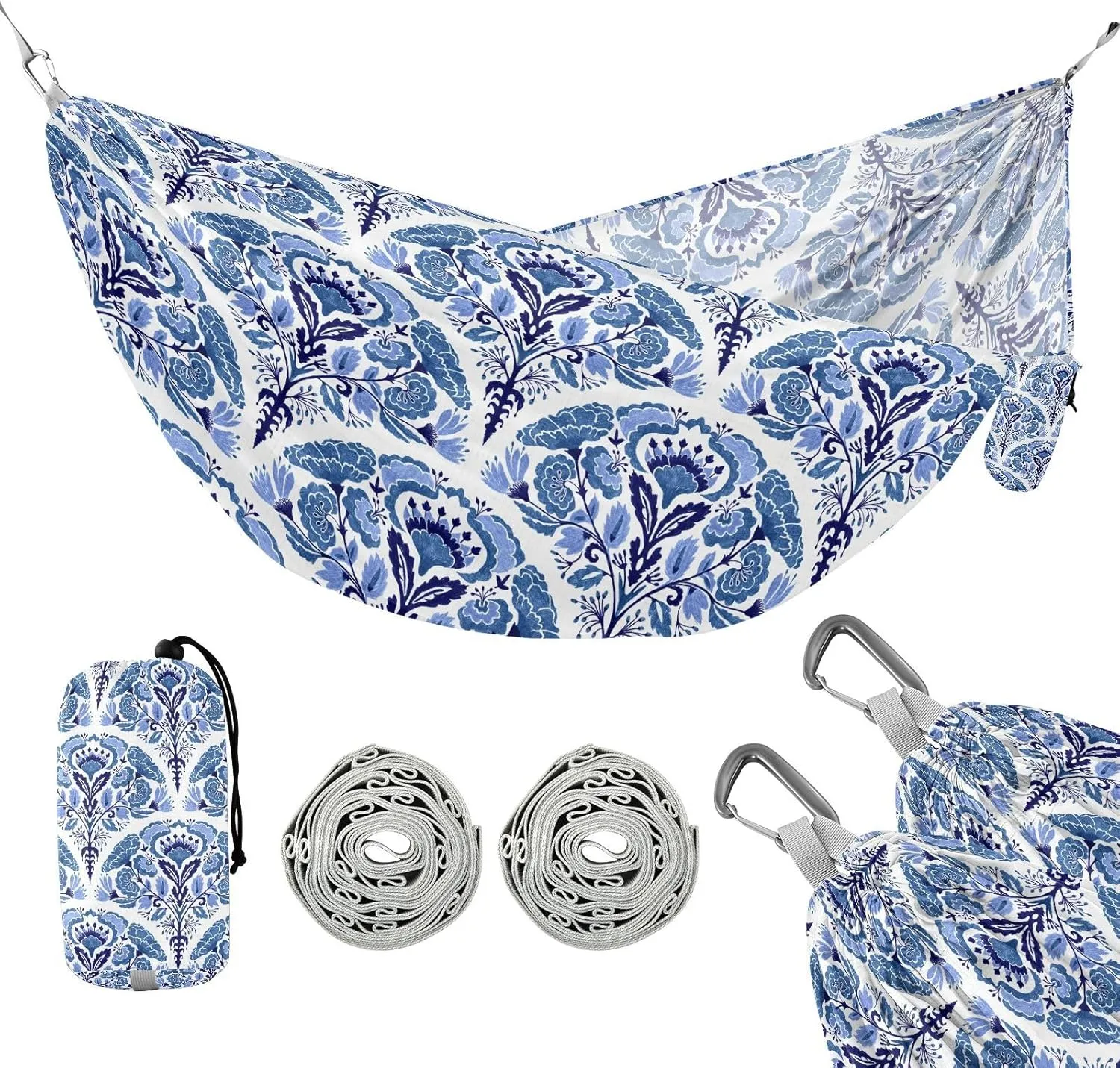 susiyo Portable Camping Hammock Chinoiserie Blue Floral Printed Lightweight Hammock Comfortable Travel Swing with Tree Straps for Camping Hiking Backpacking Travel or Beach - Up to 330lbs
