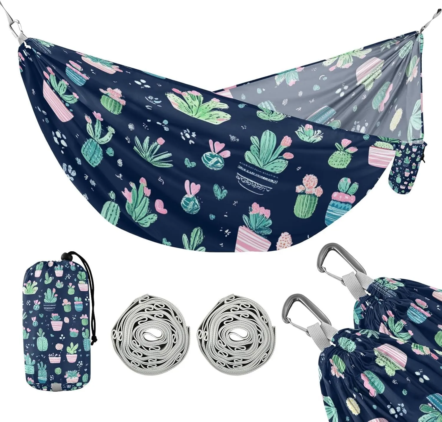susiyo Portable Camping Hammock Cute Cactus Printed Lightweight Hammock Comfortable Travel Swing with Tree Straps for Camping Hiking Backpacking Travel or Beach - Up to 330lbs
