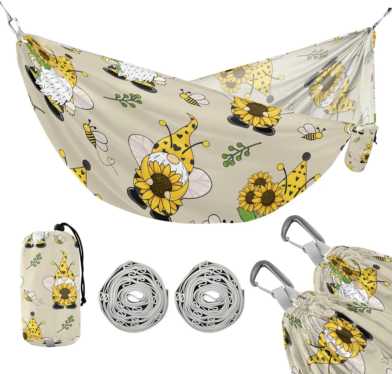 susiyo Portable Camping Hammock Cute Gnomes Bees Sunflowers Printed Lightweight Hammock Comfortable Travel Swing with Tree Straps for Camping Hiking Backpacking Travel or Beach - Up to 330lbs