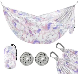 susiyo Portable Camping Hammock Cute Pink Purple Unicorns Printed Lightweight Hammock Comfortable Travel Swing with Tree Straps for Camping Hiking Backpacking Travel or Beach - Up to 330lbs