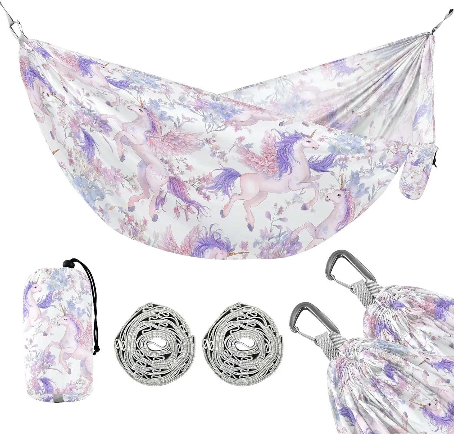 susiyo Portable Camping Hammock Cute Pink Purple Unicorns Printed Lightweight Hammock Comfortable Travel Swing with Tree Straps for Camping Hiking Backpacking Travel or Beach - Up to 330lbs
