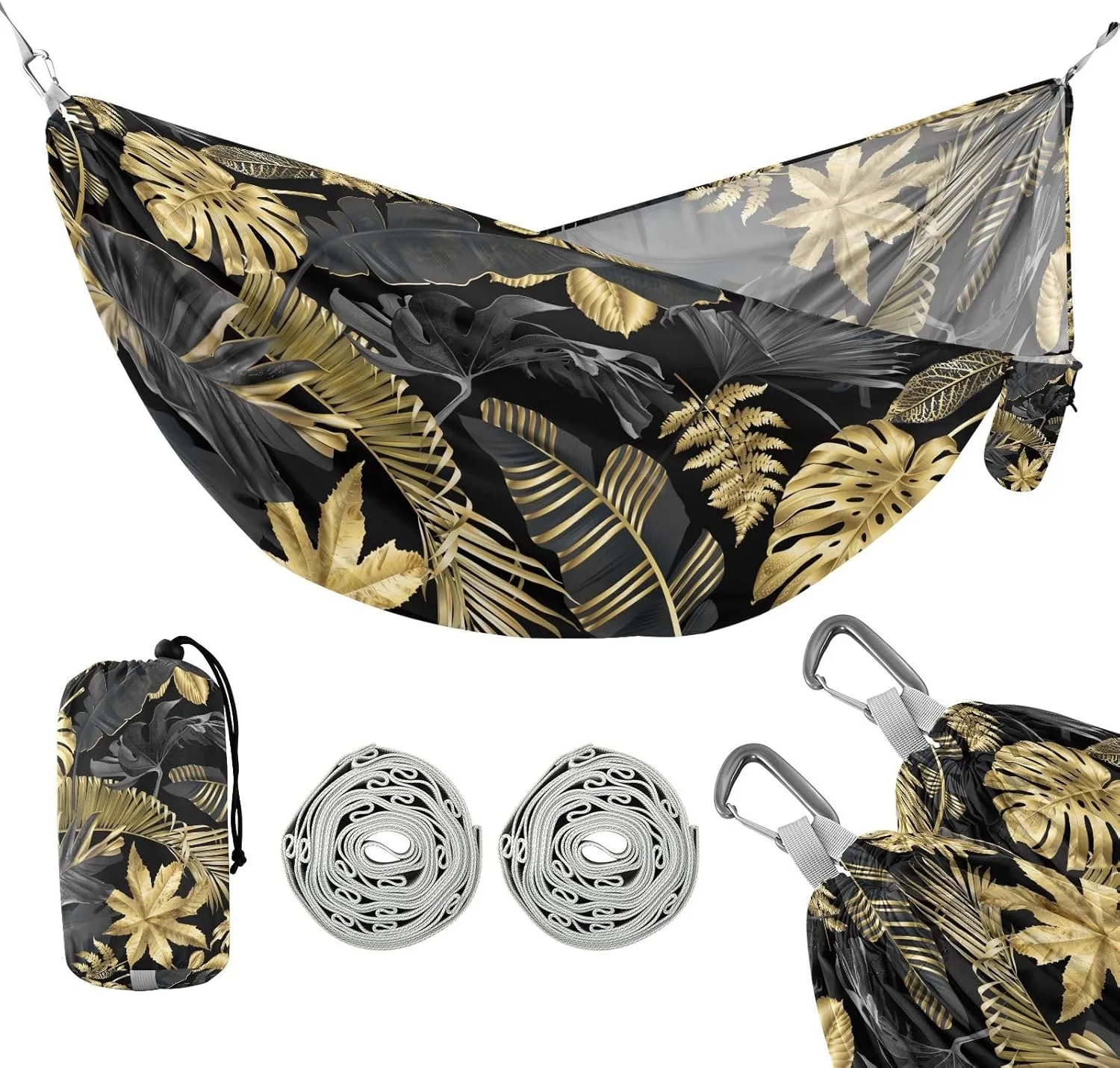 susiyo Portable Camping Hammock Gold Black Tropical Leaves Printed Lightweight Hammock Comfortable Travel Swing with Tree Straps for Camping Hiking Backpacking Travel or Beach - Up to 330lbs