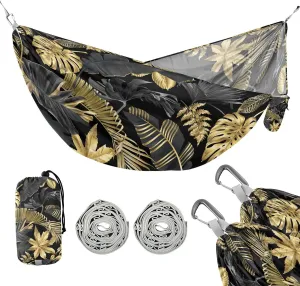 susiyo Portable Camping Hammock Gold Black Tropical Leaves Printed Lightweight Hammock Comfortable Travel Swing with Tree Straps for Camping Hiking Backpacking Travel or Beach - Up to 330lbs