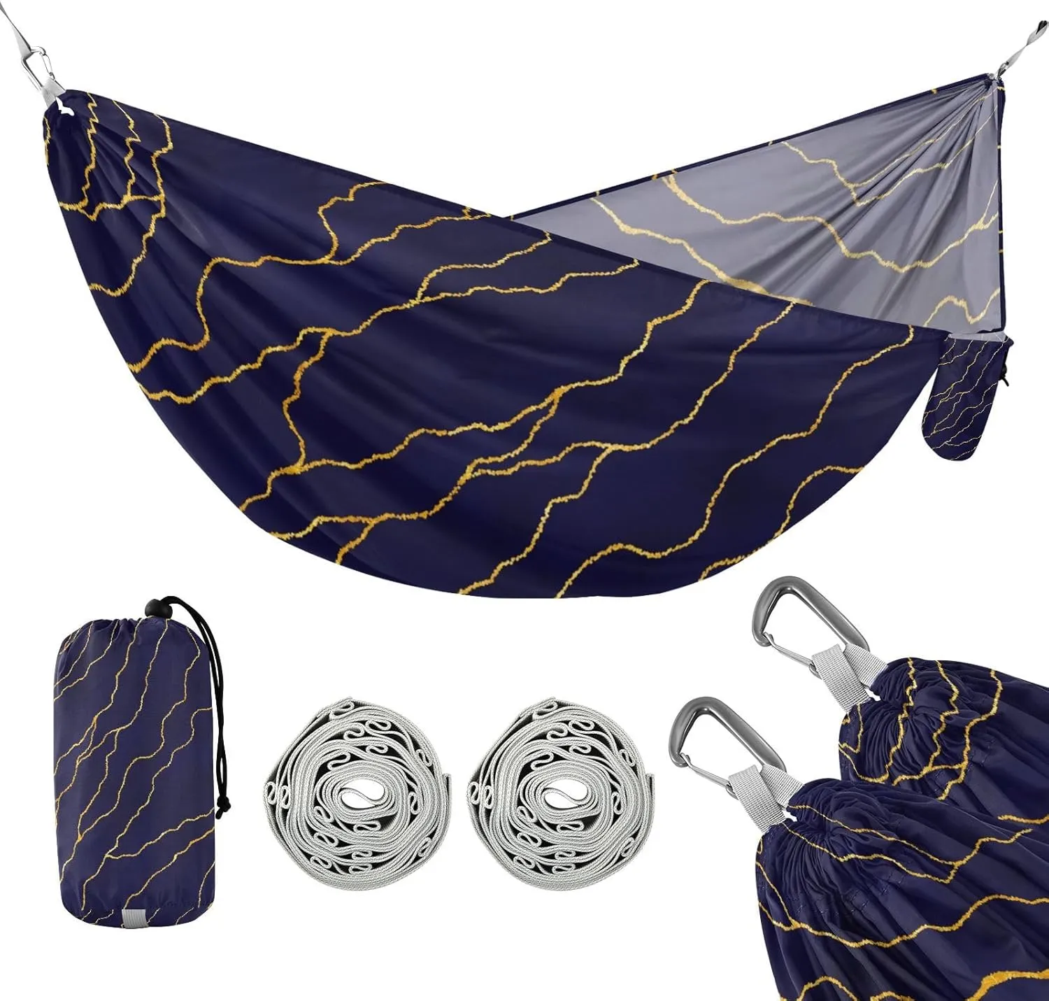 susiyo Portable Camping Hammock Gold Lines Foil Navy Blue Printed Lightweight Hammock Comfortable Travel Swing with Tree Straps for Camping Hiking Backpacking Travel or Beach - Up to 330lbs
