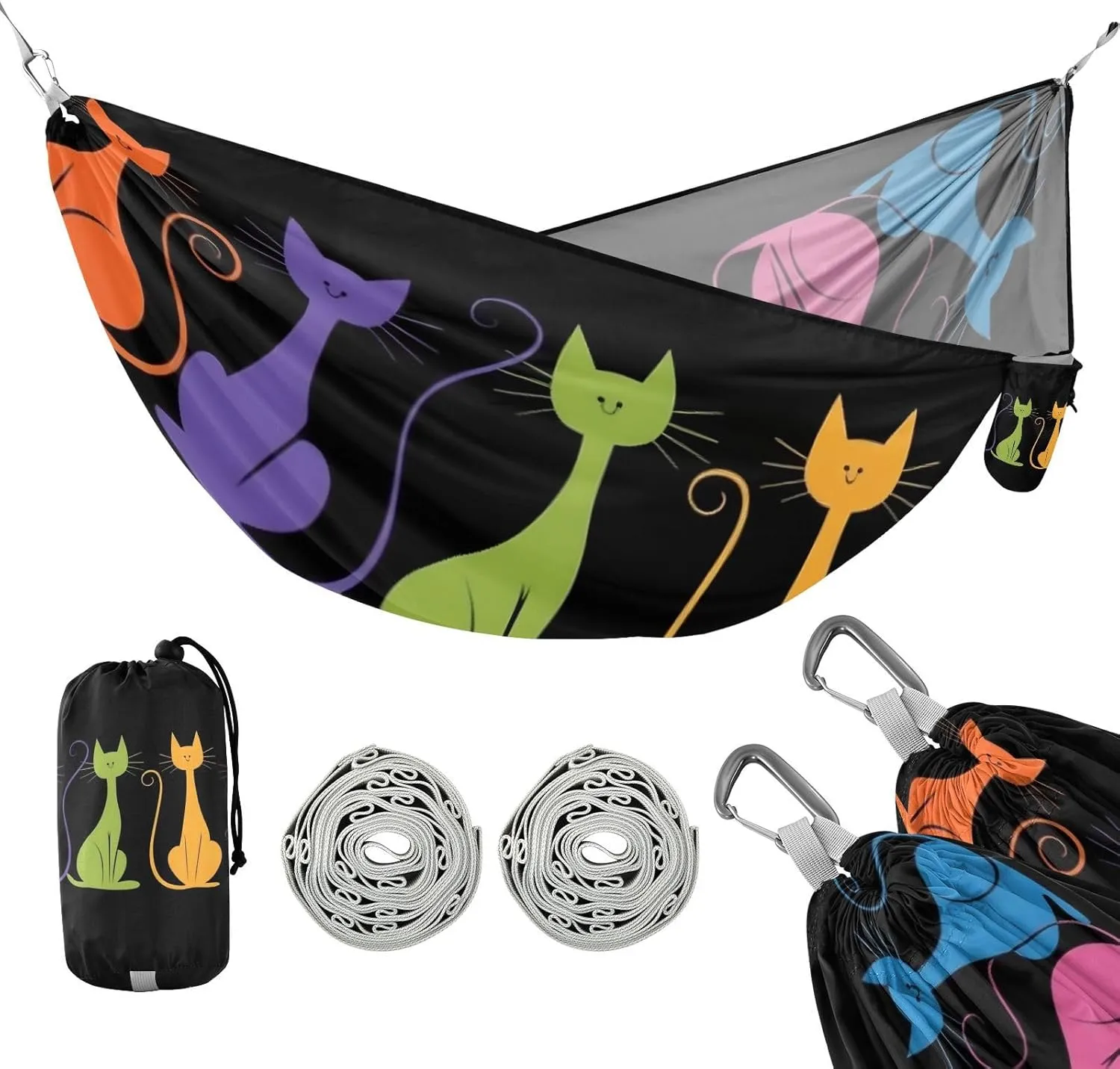 susiyo Portable Camping Hammock Rainbow Cats Printed Lightweight Hammock Comfortable Travel Swing with Tree Straps for Camping Hiking Backpacking Travel or Beach - Up to 330lbs