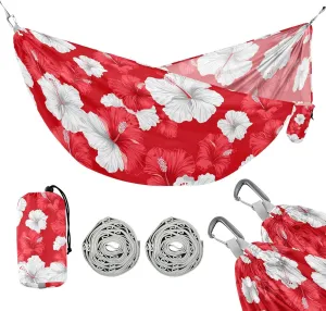 susiyo Portable Camping Hammock Red White Hibiscus Flower Printed Lightweight Hammock Comfortable Travel Swing with Tree Straps for Camping Hiking Backpacking Travel or Beach - Up to 330lbs