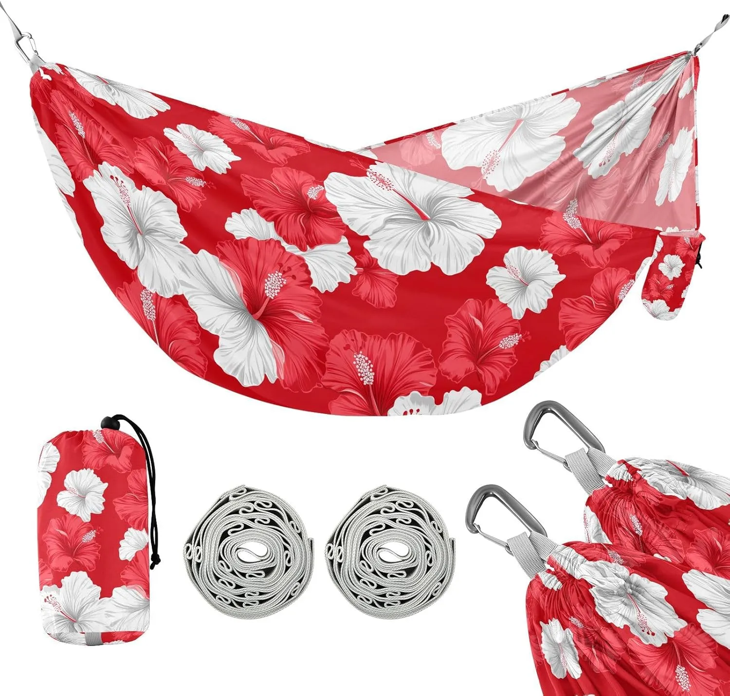 susiyo Portable Camping Hammock Red White Hibiscus Flower Printed Lightweight Hammock Comfortable Travel Swing with Tree Straps for Camping Hiking Backpacking Travel or Beach - Up to 330lbs