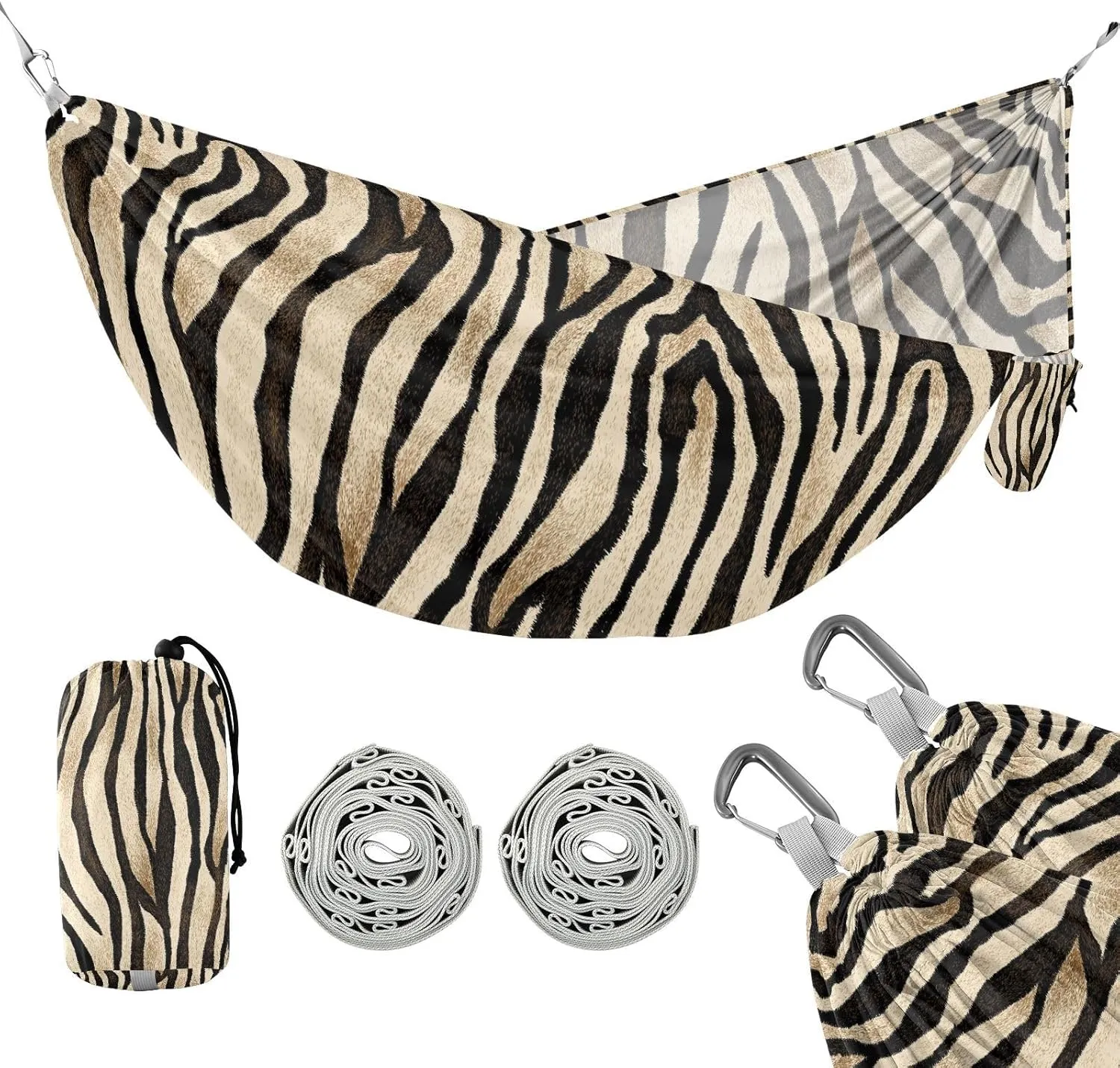 susiyo Portable Camping Hammock Tiger Print Animal Fur Stripes Printed Lightweight Hammock Comfortable Travel Swing with Tree Straps for Camping Hiking Backpacking Travel or Beach - Up to 330lbs