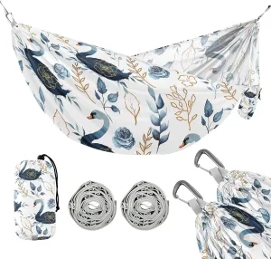susiyo Portable Camping Hammock Watercolor Indigo Swan Printed Lightweight Hammock Comfortable Travel Swing with Tree Straps for Camping Hiking Backpacking Travel or Beach - Up to 330lbs