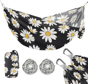 susiyo Portable Camping Hammock White Daisies Printed Lightweight Hammock Comfortable Travel Swing with Tree Straps for Camping Hiking Backpacking Travel or Beach - Up to 330lbs