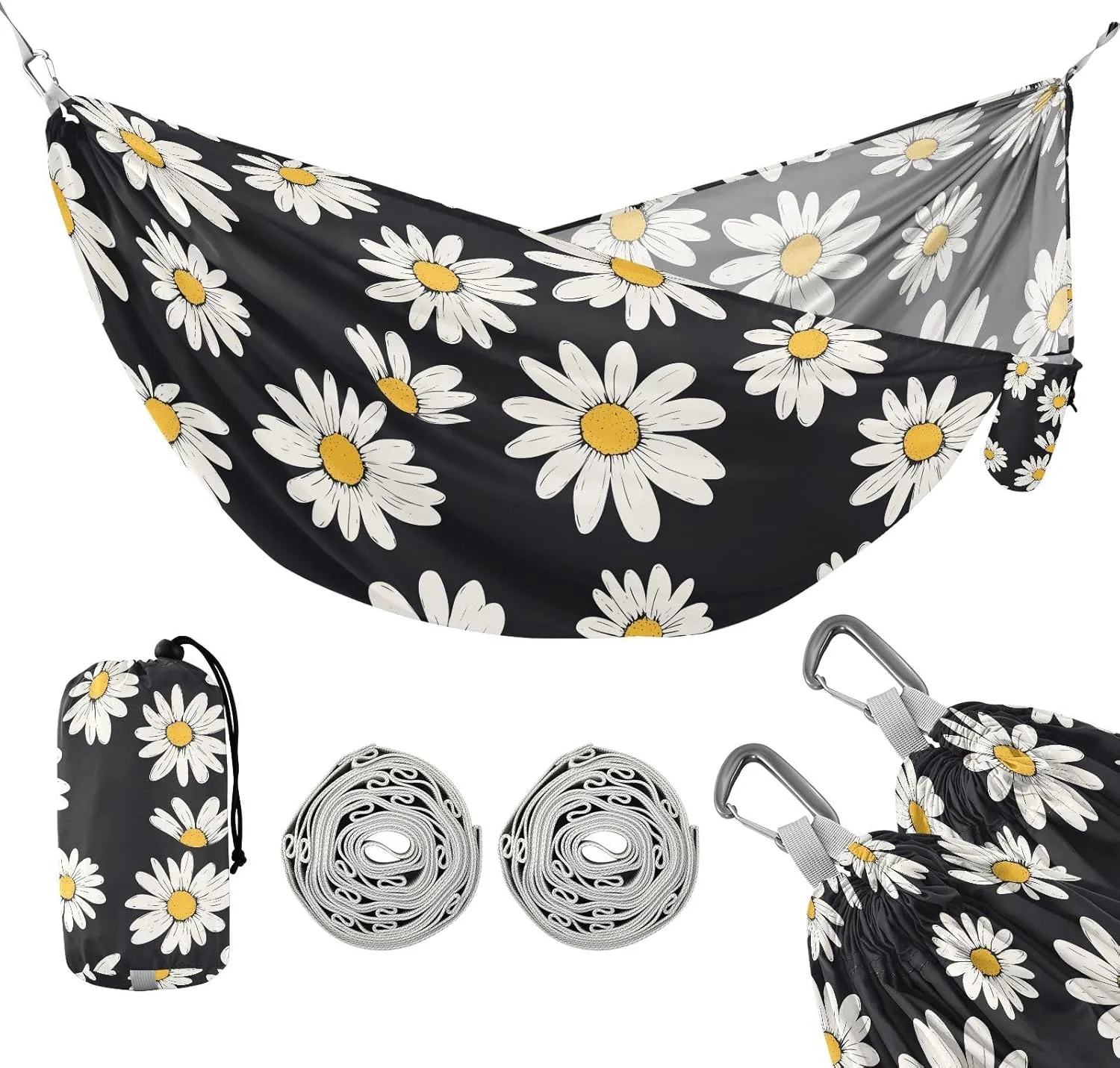 susiyo Portable Camping Hammock White Daisies Printed Lightweight Hammock Comfortable Travel Swing with Tree Straps for Camping Hiking Backpacking Travel or Beach - Up to 330lbs