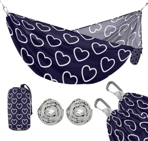 susiyo Portable Camping Hammock White Hearts on Navy Blue Printed Lightweight Hammock Comfortable Travel Swing with Tree Straps for Camping Hiking Backpacking Travel or Beach - Up to 330lbs