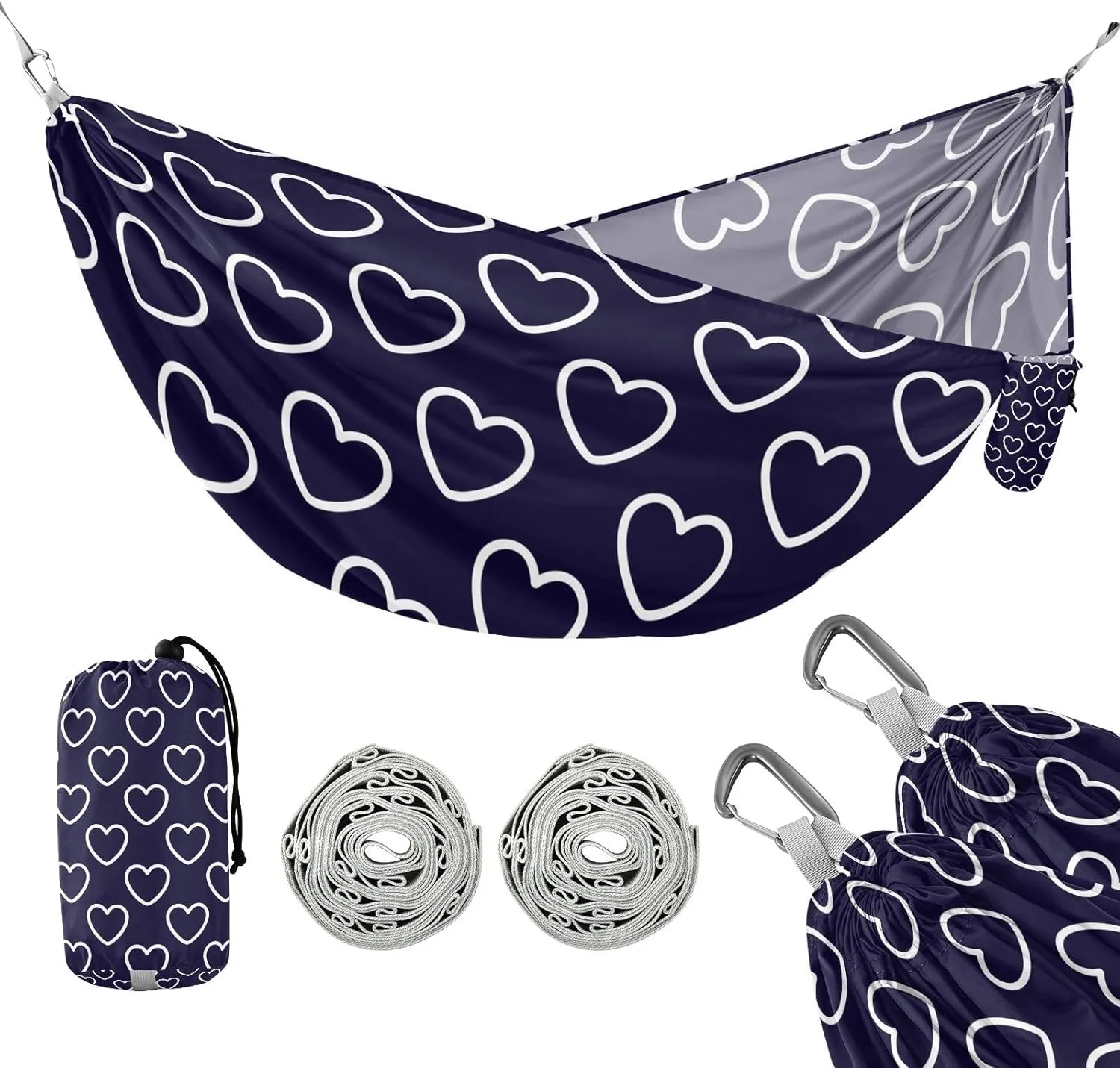 susiyo Portable Camping Hammock White Hearts on Navy Blue Printed Lightweight Hammock Comfortable Travel Swing with Tree Straps for Camping Hiking Backpacking Travel or Beach - Up to 330lbs