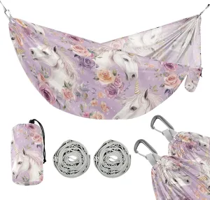 susiyo Portable Camping Hammock White Unicorns Roses Printed Lightweight Hammock Comfortable Travel Swing with Tree Straps for Camping Hiking Backpacking Travel or Beach - Up to 330lbs