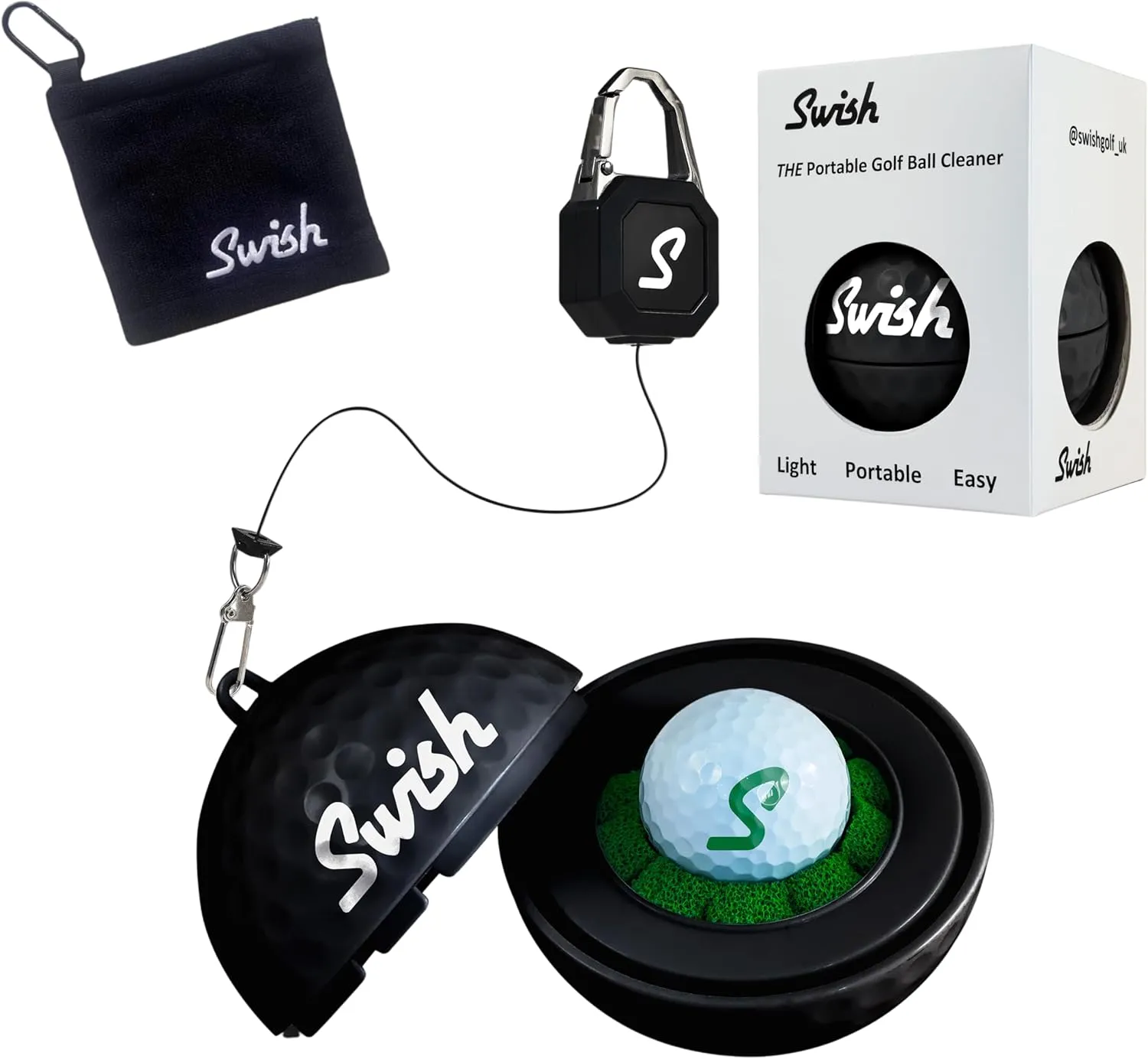 Swish Portable Golf Ball Cleaner – Clip-On Golf Accessory for Bag or Cart – Perfect Golf Gift