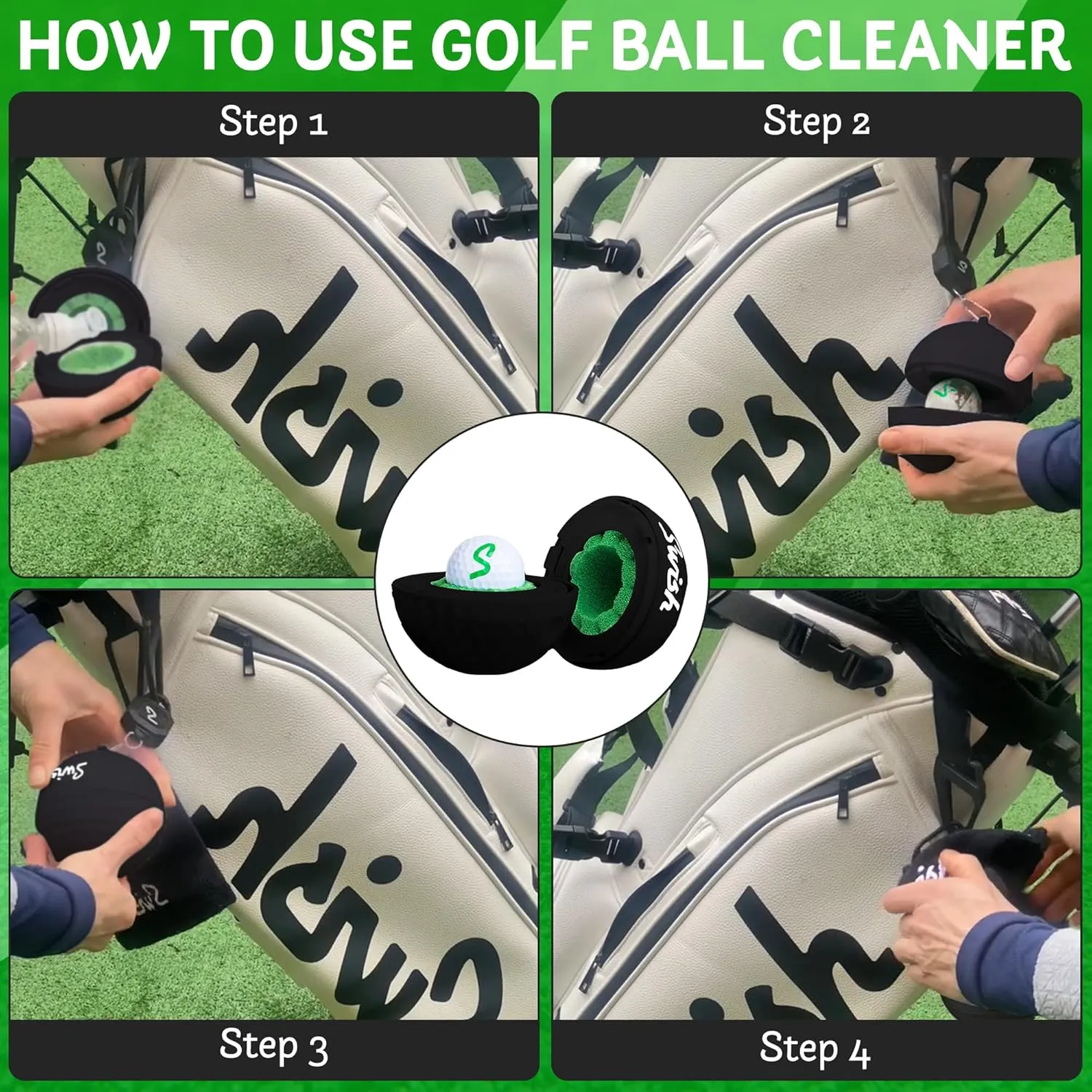 Swish Portable Golf Ball Cleaner – Clip-On Golf Accessory for Bag or Cart – Perfect Golf Gift