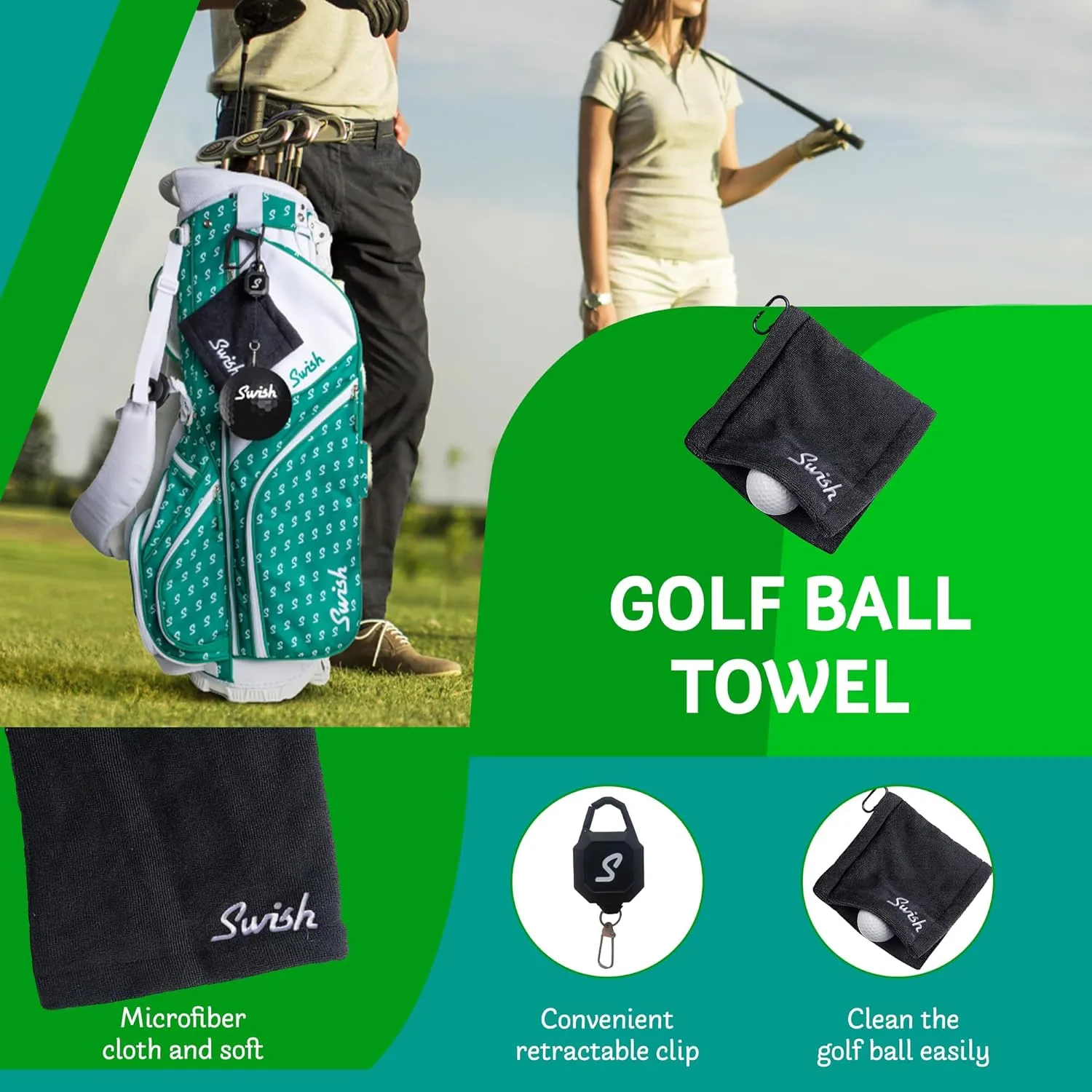 Swish Portable Golf Ball Cleaner – Clip-On Golf Accessory for Bag or Cart – Perfect Golf Gift