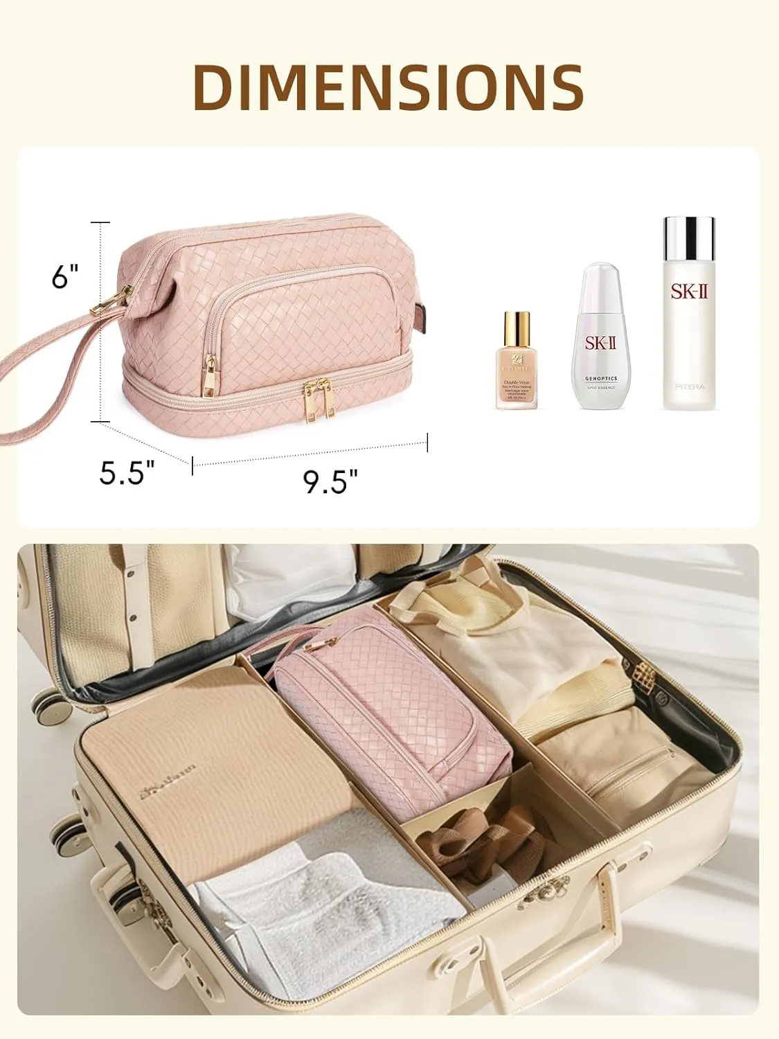 Telena Makeup Bag Large Capacity Travel Cosmetic Bags Double Layer Portable Leather Make Up Bag for Women (Pink - Woven)