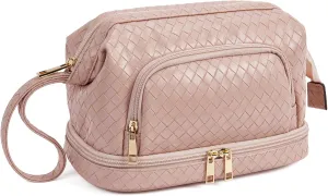 Telena Makeup Bag Large Capacity Travel Cosmetic Bags Double Layer Portable Leather Make Up Bag for Women (Pink - Woven)