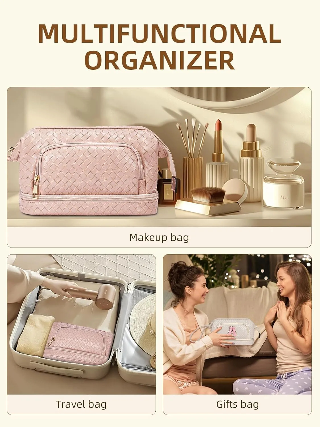Telena Makeup Bag Large Capacity Travel Cosmetic Bags Double Layer Portable Leather Make Up Bag for Women (Pink - Woven)