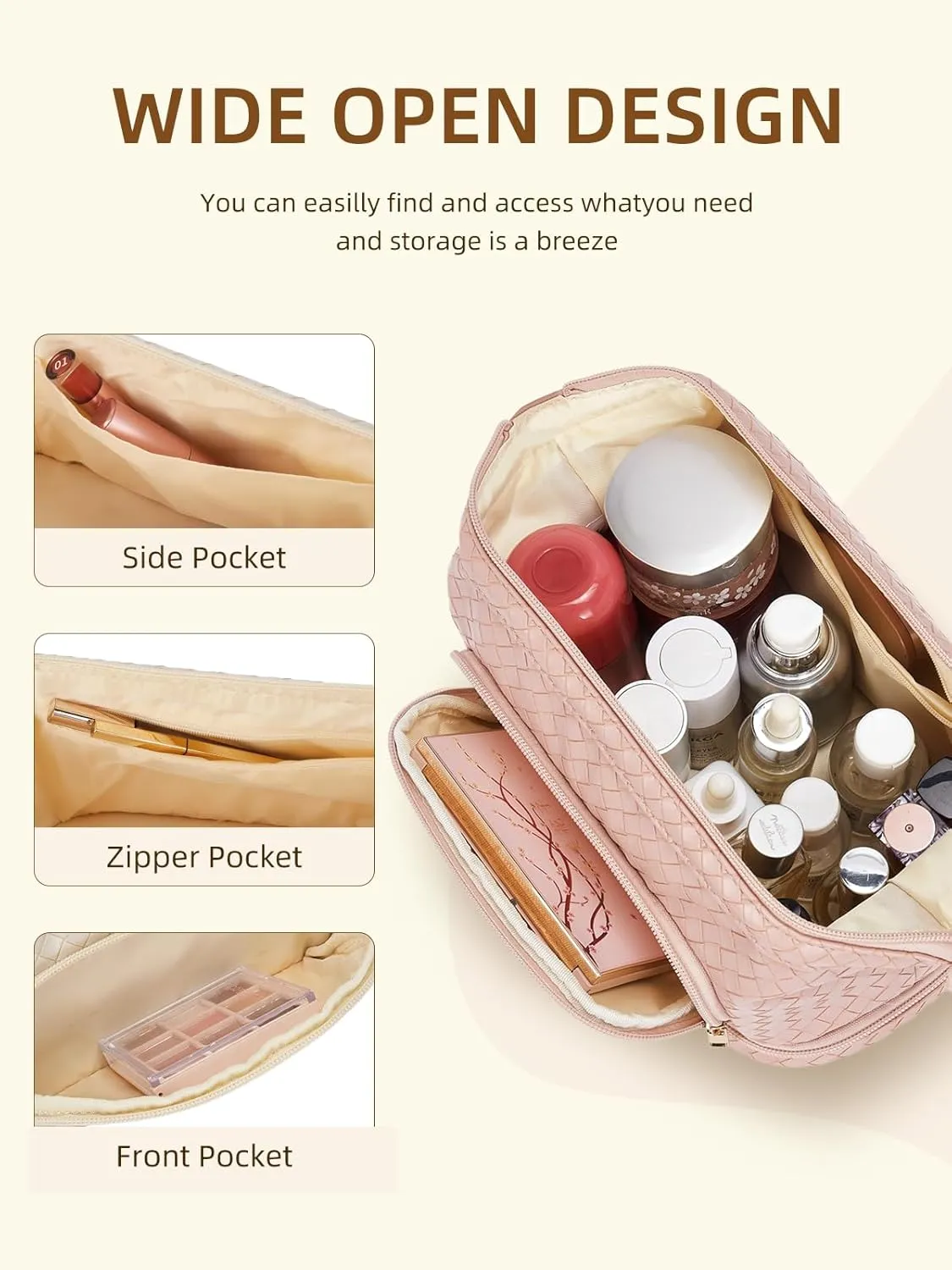 Telena Makeup Bag Large Capacity Travel Cosmetic Bags Double Layer Portable Leather Make Up Bag for Women (Pink - Woven)